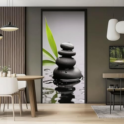 3D Türaufkleber Türtapete selbstklebend TürPoster Natur Fotografie Kieselsteine Bambusblätter Schwarz Türfolie Tapete Fototapete Wasserdichte abnehmbare Tapete Vinyl Tür Aufkleber Küc, 77 x 200 cm