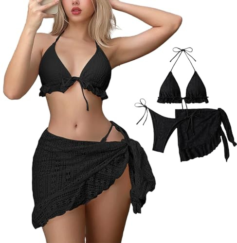ZCJ Bikini da donna, in tinta unita, sexy, a triangolo, a vita bassa, costume da bagno in due pezzi con gonna in tulle, set bikini da 3 pezzi, Nero , L