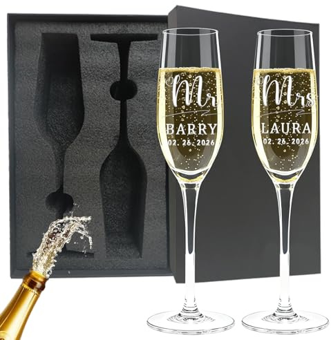Oscolewis Personalized Engraved Wedding Champagne Flutes Custom Mr and Mrs Champagne Flutes Champagne Glasses Set of 2 Gifts for Couple Valentines Day Bride & Groom Engagement Anniversary