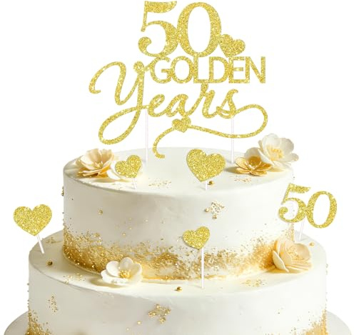 DOORIO 7Pcs Golden Years Cake Toppers Golden Wedding 50th Cake Decoration | 50th Anniversary, Glitter Effect