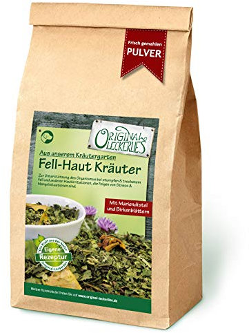 ORIGINAL LECKERLIES Fell-Haut-Kräutermix als Pulver, 250g Hundekräuter, Kräuter f. Hunde, Unterstützung beim Fellwechsel, schuppiger Haut, stumpfen Fell, Anderen Hautirritationen, Naturprodukt barfen