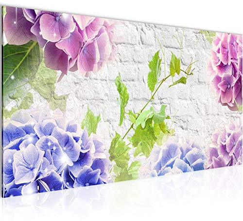 Runa Art Wandbild Blumen Hortensien 1 Teilig 100 x 40 cm Modern Bild auf Vlies Leinwand Ziegel Wohnzimmer Bunt 017512a