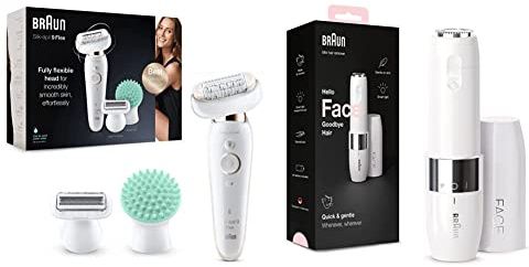 Braun Silk-épil 9 Flex Beauty-Set, Epilierer Damen, 6 Aufsätze inkl. Gesichtsepilierer, Tasche, mit flexiblem Kopf für einfachere Haarentfernung, 9020 weiß/gold & Face Mini-Haarentferner, FS1000, weiß