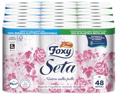 Foxy Seda | Papel higiénico neutro sobre la piel | 28+14 rollos, 28 + 14 Gratis | 216 desgarros por rollo | 2 capas de alto grosor | Papel 100% certificado FSC | Embalaje 100% reciclable blanco