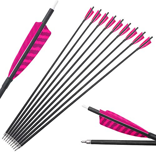 SHARROW Bogenschießen Carbonpfeile 30 Zoll Carbon Pfeile mit Naturfedern Kohlenstoff Pfeil Jagdpfeile 500 Spine Bogenpfeile für Compound Recurve Bogen (12 Stück, Rosa)
