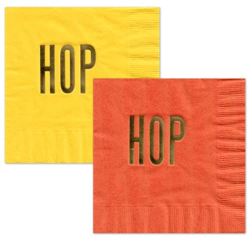 HOP HOP Easter Cocktail Beverage Napkins (20 pcs) Coral and Yellow with Gold Foil Party Decorations by Nerdy Words