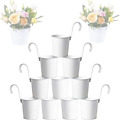WKLSSRH 10 x Hängetöpfe mit abnehmbarem Griff Haken, Metall Set Pflanztopf Blumentöpfe zum Aufhängen Hängeblumentöpfe für Blumen Kräuter Sukkulenten Pflanzen Weiß
