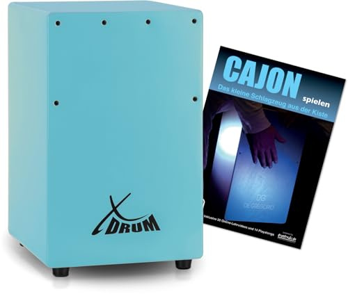 XDrum KC-37B Kinder-Cajon Set - Kleine Cajon Für Kinder - 36 cm Hoch - Snare-Effekt Durch Stimmbare Gitarrensaiten - Spar-Set Mit Schule Für Einsteiger - Blau