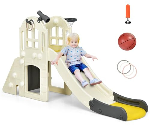 DREAMADE Toboggan Enfants 6 en 1 Panier de Basket Escalade Tunnel Lancer d'Anneaux Télescopique Decoratif, Toboggan Extérieur et Intérieur en HDPE pour 3-8 Ans, Balle Souffleur Inclus (Jaune)