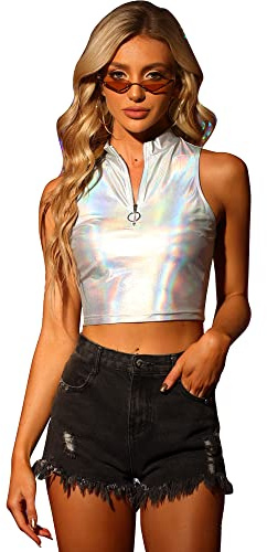 Allegra K Damen Tanktop Ärmellos Reißverschluss Metallic Oberteil Party Holographic Crop Top Bluse Silber M