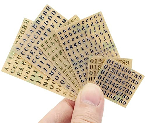 6 hojas pequeñas de 0.12 pulgadas, letras adhesivas de aleación de números alfabeto, dorado/plateado (3 mm)