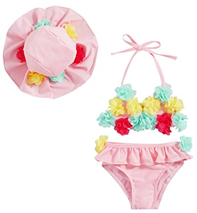 Yccutest Infant Baby Girl Flower Swimsuit 3Pcs Halter Triangle Tops Ruffle Bottoms Sun Hat Bikini Set Bathing Suit Swimwear (B-Pink,12-18 Months)