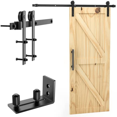 Signstek 6.6FT/200CM Sliding Barn Kit for Interior Wooden Sliding Wardrobe Track - Hardware Black with Floor Guide (I-Shaped Hanger)