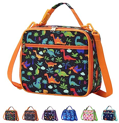 Pretty Jolly Mini Kids Lunch Box, Insulated Reusable Lunch Bag for Girls & Boys, Thermal Meal Container Tote with Shoulder Strap, Hot or Cold Snacks Lunchbox for School,Work,Picnic (Dinosaur-O)