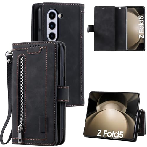 EYZUTAK Wallet Phone Case for Samsung Galaxy Z Fold 5, Retro Matte 9 Card Holder Slots Zipper Pocket Case PU Leather Magnetic Closure Kickstand with Wrist Strap Folio Flip Case - Black