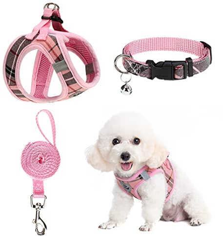 EXPAWLORER Hundegeschirr kleine Hunde mit Leine - Halsband und Leine Set, Hunde Geschirr Welpen mit AirTag Hülle, weiches reflektierendes Welpengeschirr kein Ziehen zum Spazierengehen, Rosa L