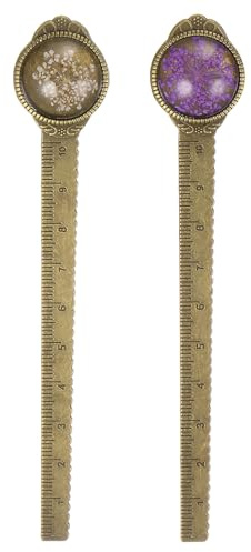QUARKZMAN 2 Stück Metall-Lesezeichen-Lineal 10 cm metrisch Blume Retro Vintage Lesezeichen Marker Maßstab Messwerkzeug für Büro Klassenzimmer Lehrergeschenk, Lila & Weiß