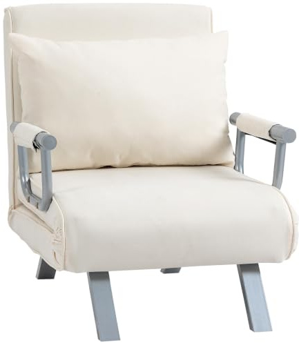 HOMCOM Sofá Cama de 1 Plaza 2 en 1 Sillón Cama Plegable 65x69x80 cm Crema | Tapizado en Ante Sintético, Respaldo Ajustable en 5 Niveles, Almohada Acolchada, para Oficina Dormitorio Salón