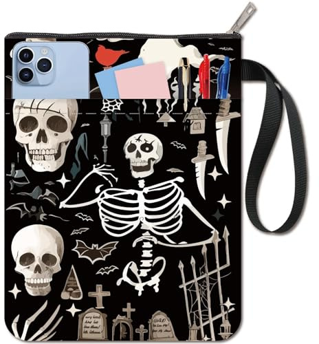 CRASPIRE Skalle Bokärm Halloween Fladdermus Kniv Gravbok Skydd Bokskydd för Pocketböcker Tvättbart Tyg Bokskydd Med Dragkedja och Extra Ärmficka för Bokälskare Klasskamrat Gåvor