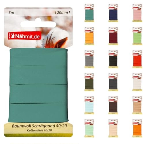 Nähmit 5m Karte Baumwoll Schrägband, 100% Baumwolle 20mm Breit - 40/20 vorgebügeltes Schrägband (A13-Taubenblau, 5m Karte)