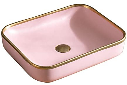 Lavabo Lavabo de salle de bain rectangulaire de 20,4 po x 15,7 po, bord doré, en céramique de porcelaine, au-dessus du comptoir, lavabo de lavabo, lavabo d'art, idéal for la maison Vasque à poser(Pink