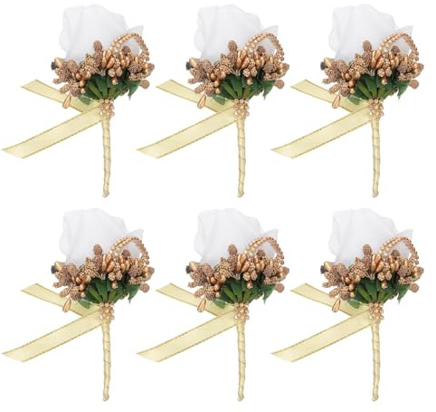 PATIKIL Rosenblumen-Anstecker, 6er-Pack künstliche Rosen-Anstecker handgefertigte Blumen-Corsage mit Kappe, Anstecknadel für Hochzeitsfeier, Zeremonie, Weiß, Gold
