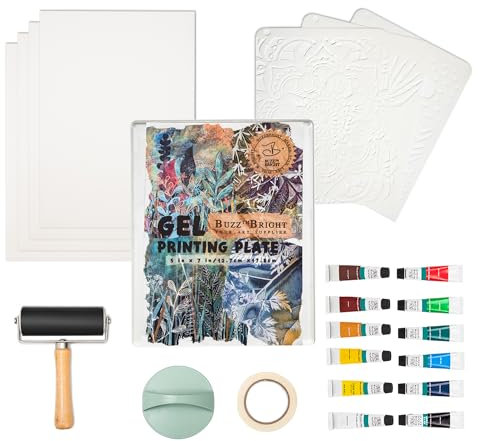 BuzzBright Gel Printing Plate kit, Complete Printmaking Set with 5”X7” Gelatin Plate, Brayer, Printmaking Paper, Acrylic Paint and Essential Tools for Mixed Media Art, Monoprinting, Card Making