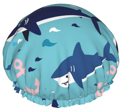 Doppelschichtige Duschhaube, wiederverwendbar, wasserdicht, Cartoon-Boot, Anker, Hai, Duschhauben für Frauen