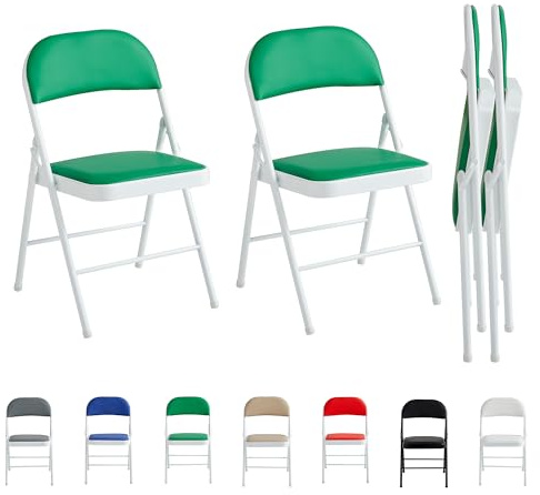 mcc direct Juego de 2 sillas plegables de piel sintética, sillas plegables con estructura de metal y asiento acolchado, fáciles de plegar y guardar para el hogar, oficina, comedor y recepción (verde)