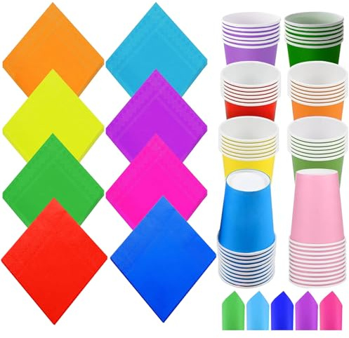 Maridergo 80 Pack Rainbow Party Cups and Napkins Set - Multicolor Paper Tableware for Birthday, Holiday and DIY Celebrations