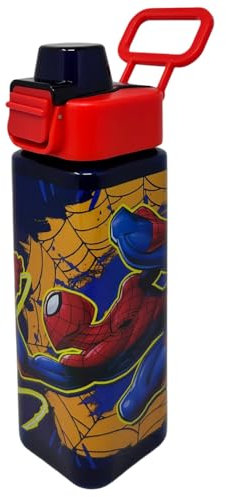 CARTOON Bouteille d'eau carrée en plastique réutilisable 500 ml ouverture à pression accessoire pour enfants (Spiderman)