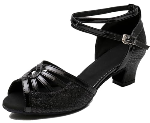 MINITOO bekväma kvinnor latinska skor glitter kväll bröllop sandaler, X025 svart 5 cm klack, 39 EU