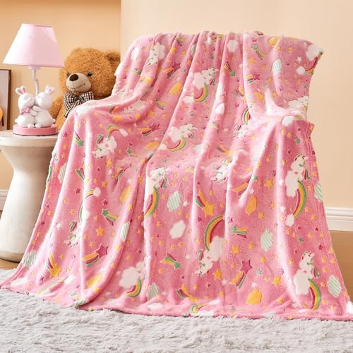 Wajade Kuscheldecke Kinder Glow in The Dark Decke Babydecke Flauschig Kuscheldecke Flanellstoff Wolldecke für Mädchen Junge Geburtstag Regenbogen 130 * 150