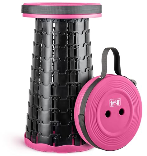 Trail Portable Telescopic Stool, Collapsible Folding Expanding Outdoor Camping Seat, Adjustable to H45cm, Safety Lock, Lightweight with Carry Strap, 150kg Max Load, Hiking, Festival, Fishing (Pink)