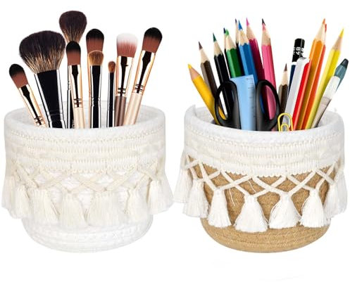 2 pezzi Portapennelli Cestini Intrecciati, Contenitori per Pennelli Cosmetici, Portapennelli cosmetici boho, Organizzatore da toeletta intrecciato per pennelli da trucco, trucchi, eyeliners, matite