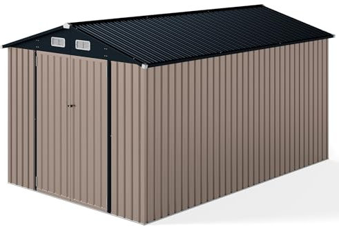 COSTWAY 12x8FT/12x12FT/14x10FT Metal Garden Shed, Galvanized Outdoor Storage Shed with Lockable Doors, 4 Air Vents & Sloping Roof, Weatherproof Tool Storage House (Dark Grey + Light Grey, 12x8FT)