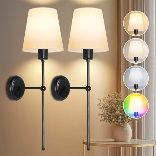 Ketom Rechargeable Wall Lights Set of 2, Battery Wall Lights Indoor | Wireless Sconce for Bedroom, 3 Color Temperature, 8 RGB Colors, Dimmable, with Charging Bulbs and Remote, Black, Fabric Shade