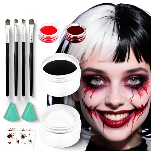 Maquillaje Halloween Blanco Negro Rojo, Pinturas cara para Niños Adulto Halloween, con Pinceles+Esponja+Pegatinas de tatuajes, Pinturas Corporales Para Cicatrices para Teatral Carnaval Disfraz Cosplay