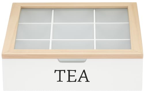 Wooden Tea Box with Glass Lid – 9 Compartment Tea Bag Storage Organiser – Rustic Wooden Display Box for Tea, Spices, or Trinkets (White)