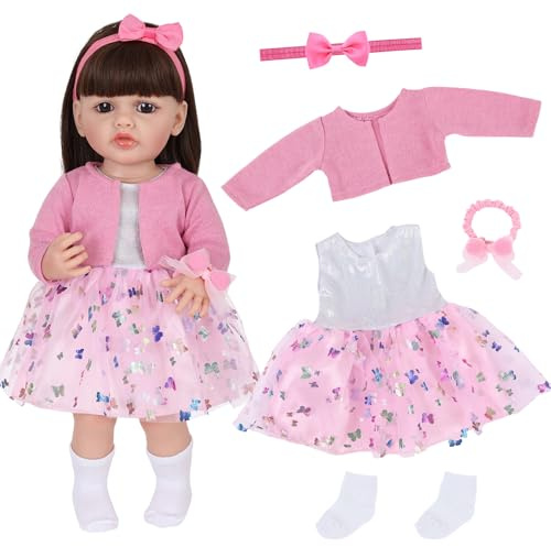 Xerteam babydockkläder för 50–55 cm babydocka, rosa tyllklänning med glitterfjärilsmönster, tillbehör stickade ankelsockor och rosettpannband för 50–55 cm flickdocka, paket som födelsedagspresent