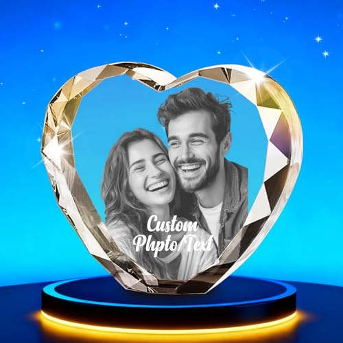 Personalized 3D Crystal Photo in Glass Block Customizable Picture Text Custom Crystal Photo Frame Optional Lighting Base Anniversary Christmas Gifts For Men Him Mom Dad (Heart 3d crystal photo)