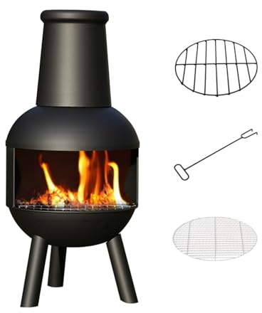 BBQ Collection Terrassenofen mit Schornstein, Gartenkamin für Brennholz, Kamin Zum Grillen und Wärmen, mit Grillrost, Kamin und Holzregal, für Terrasse, Garten und Hinterhof