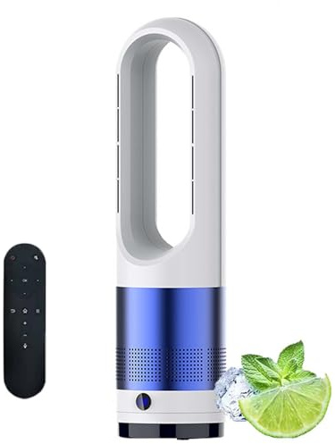 Ventilateur colonne avec télécommande, 45,7 cm (18 pouces), sans pales, 8 vitesses, fonction chaud/froid, oscillation à 80°, minuterie 8 h, ventilation portable, affichage LED, idéal pour la