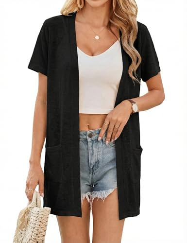 Totatuit Womens Beach Cardigan Short Sleeve Kimono Cover Up with Pockets | Casual kimono cardigan easy layering over swimwear camisoles dresses for travel evenings and warm weather Lightweight Pocket