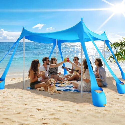 Strandzelt UPF 50+ 3 x 3m Pop-Up Strandvordach für Campingausflüge & Angeln | Wasserabweisende Beschichtung, Einfacher Aufbau, mit 8 Sandsäcken, Einer Tragetasche Geliefert für Garten & Picknicks