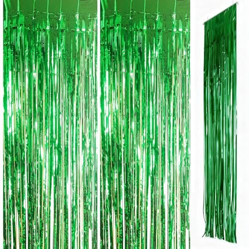 Green Foil Door Curtain Decorations, 2pcs 3.2ft x 8.3ft Tinsel Curtains Fringe Backdrop, Green Streamers Door Hanging Decor for St. Patrick's Day Birthday Wedding Bridal Shower Bachelorette Party.