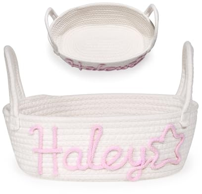 Personalisierter Aufbewahrungskorb mit Namen, Geflochtener Baumwollkorb mit Griffen, Bestickter Babykorb für Kinderzimmer Windeln Spielzeug Kosmetik und Zuhause (32 * 15 * 11cm)