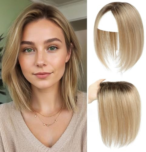 Haar Topper aus echtem Menschenhaar für Frauen mit dünner werdendem Haar 3 × 4,5zoll verbesserte Schweizer Spitzenbasis Perücken-Topper für Frauen (Ombre Ash Blonde with Dark Roots)