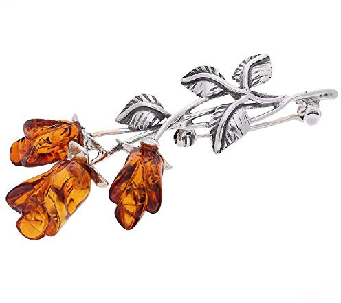 Triple Rose Oxidised Silver Brooch in Orange Amber in Vintage Style for Women - 925 Sterling Silver