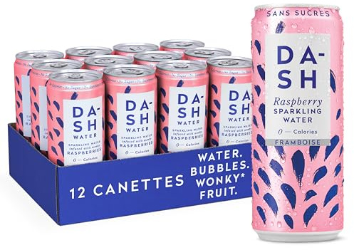 DASH Water Raspberry - 12 x Raspberry Flavoured Sparkling Spring Water - NO Sugar, NO Sweetener, NO Calories - Infused with Wonky Fruit (12 x 330ml cans)